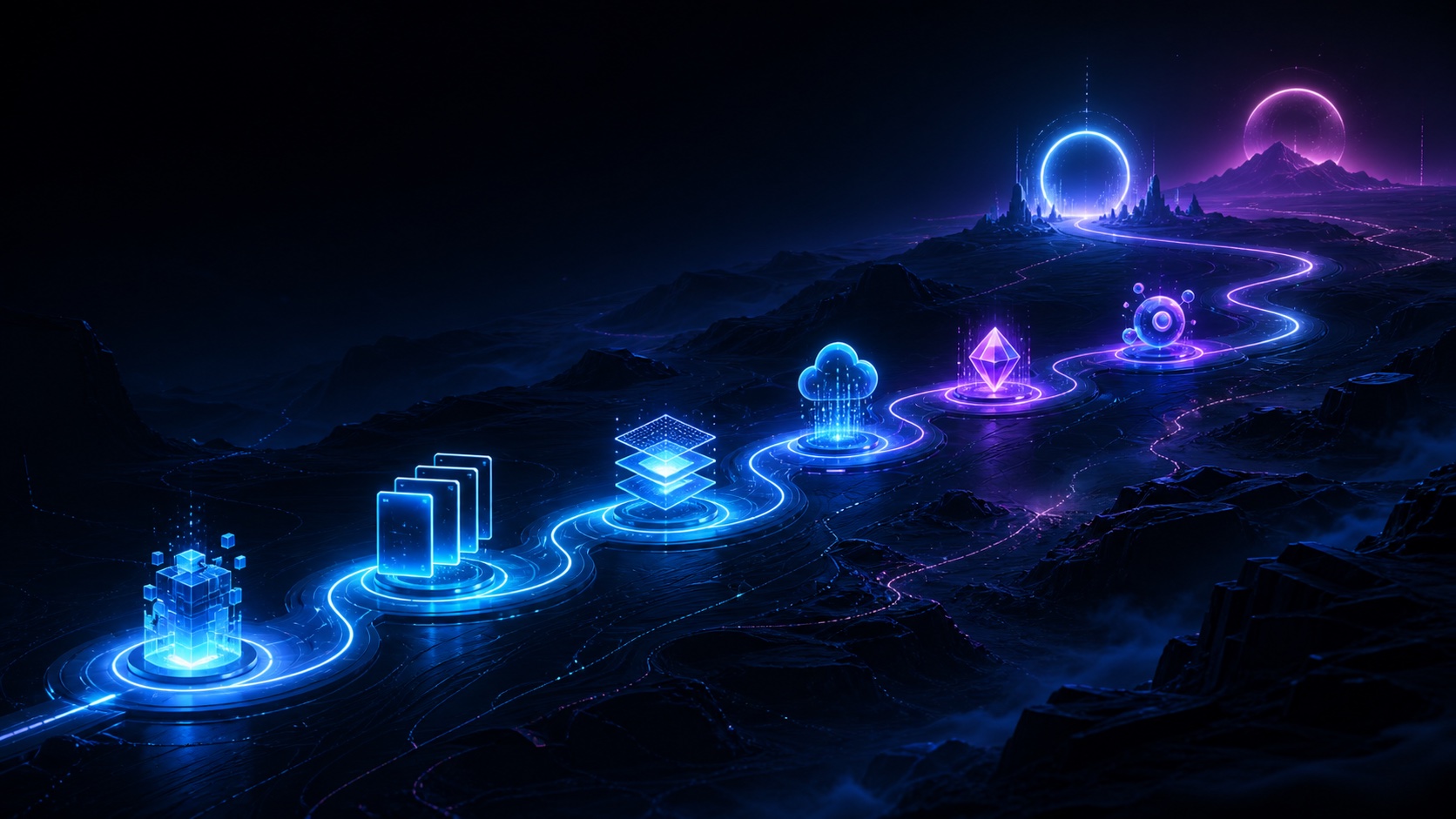 Abstract neon path connecting milestones toward a distant horizon