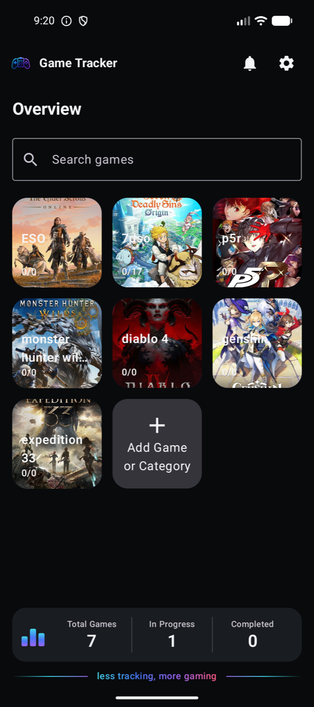 Game Tracker Android library with game covers, search and progress dashboard