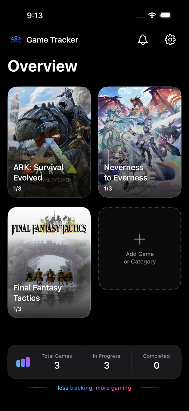 Game Tracker iOS library with three game covers and progress dashboard